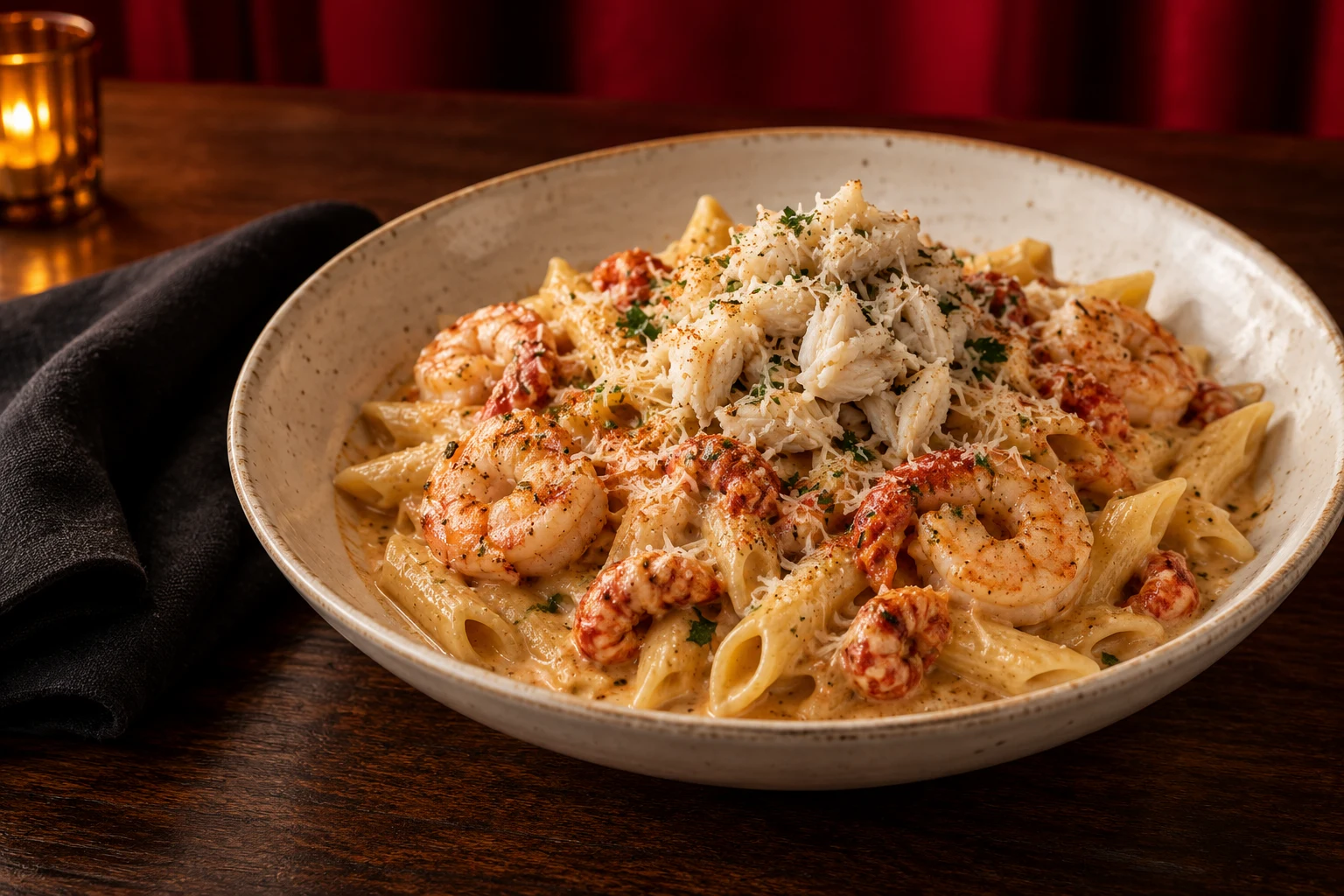 Illustrative seafood penne with shrimp, crawfish, crabmeat, and Parmesan