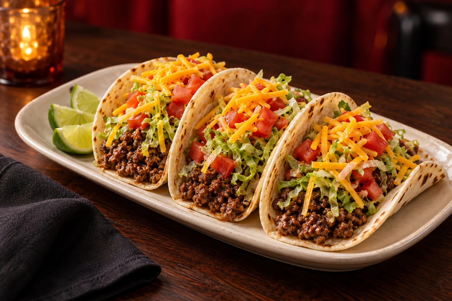 Illustrative trio of beef tacos with lettuce, tomatoes, and cheddar