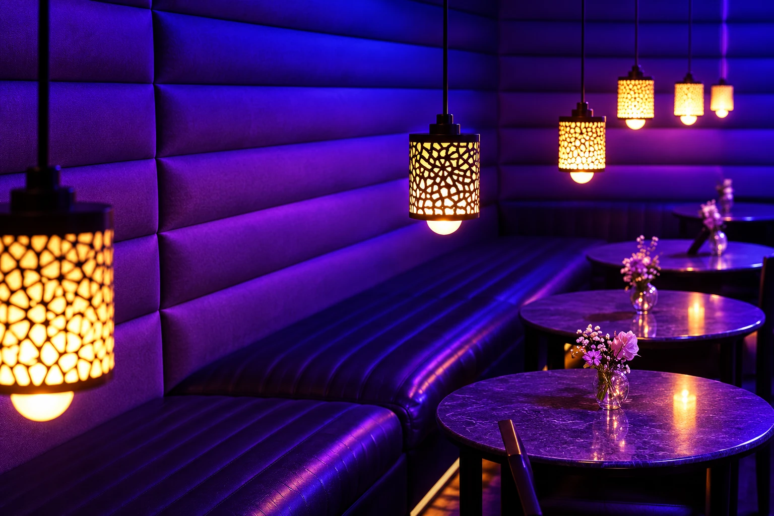 AI-enhanced recreation of the venue’s purple-lit VIP banquette seating and pendant lights
