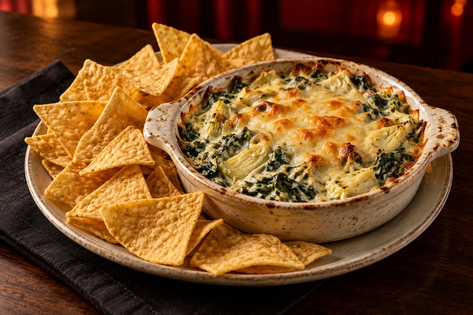 Illustrative baked artichoke and spinach dip with tortilla chips