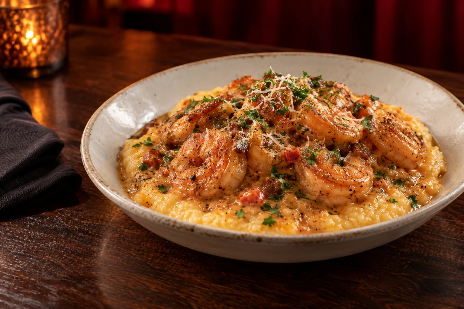 Illustrative shrimp and cheddar grits with Creole cream sauce