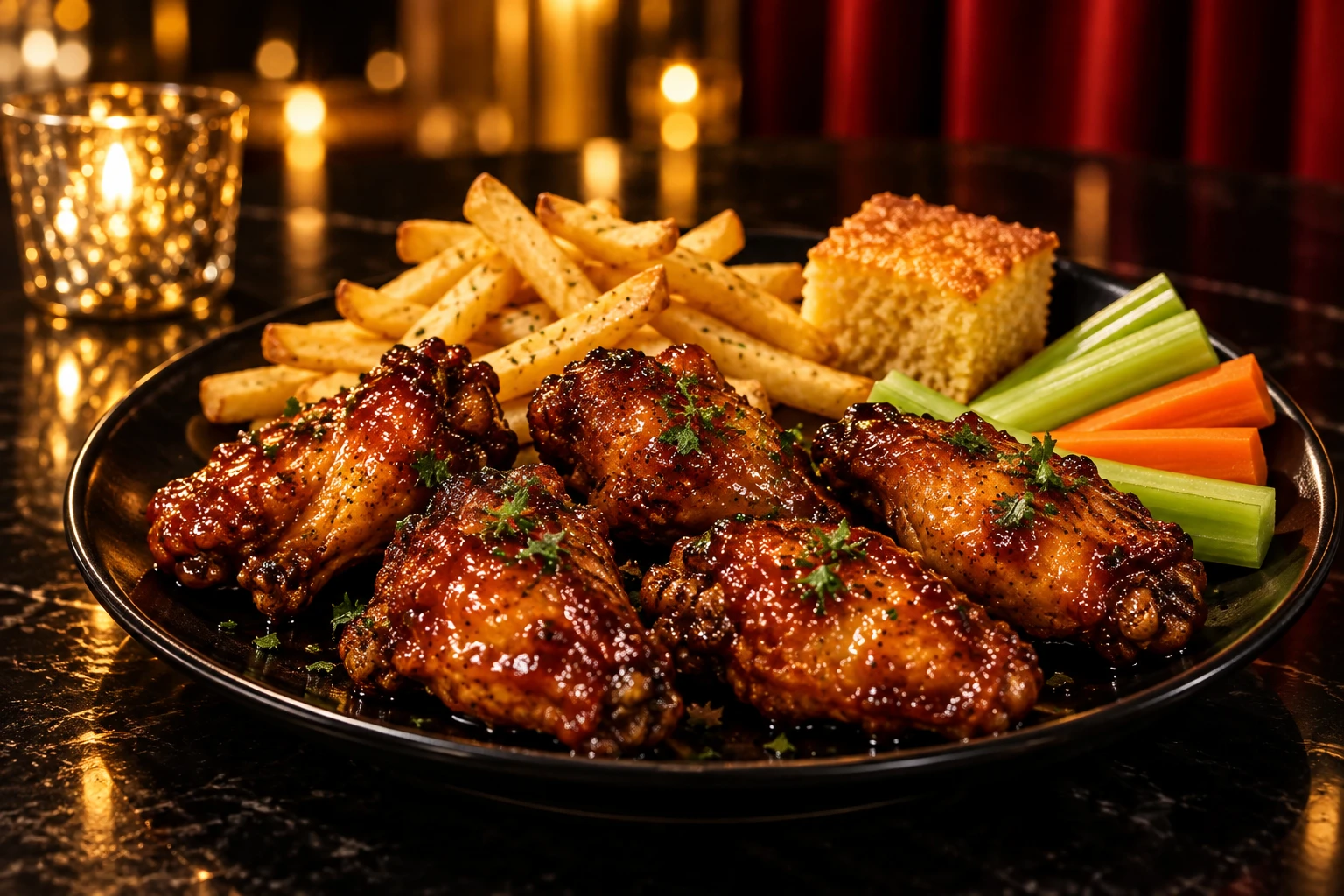 Illustrative honey-glazed party wings with fries, cornbread, celery, and carrots