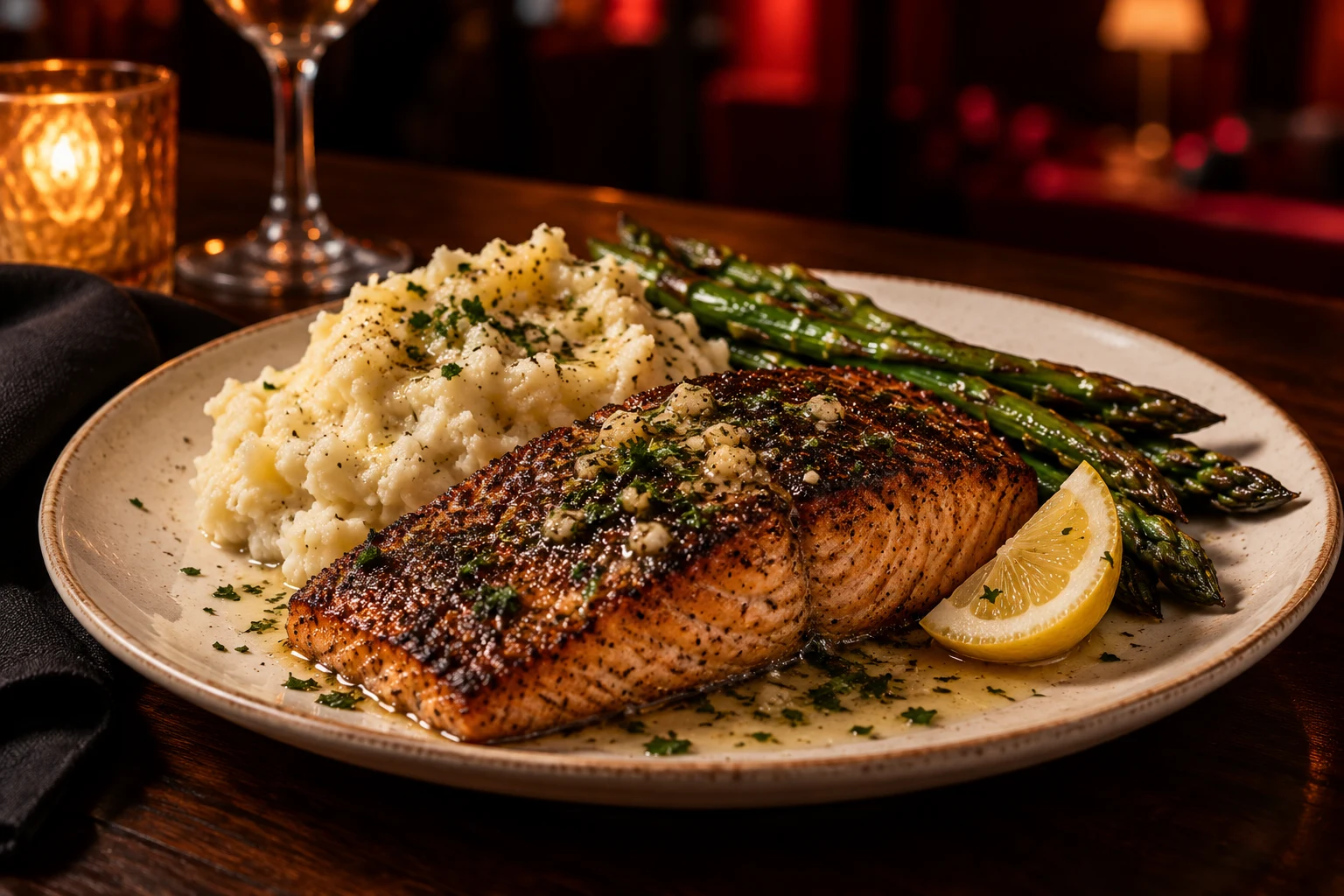 Illustrative blackened salmon with mashed potatoes and asparagus