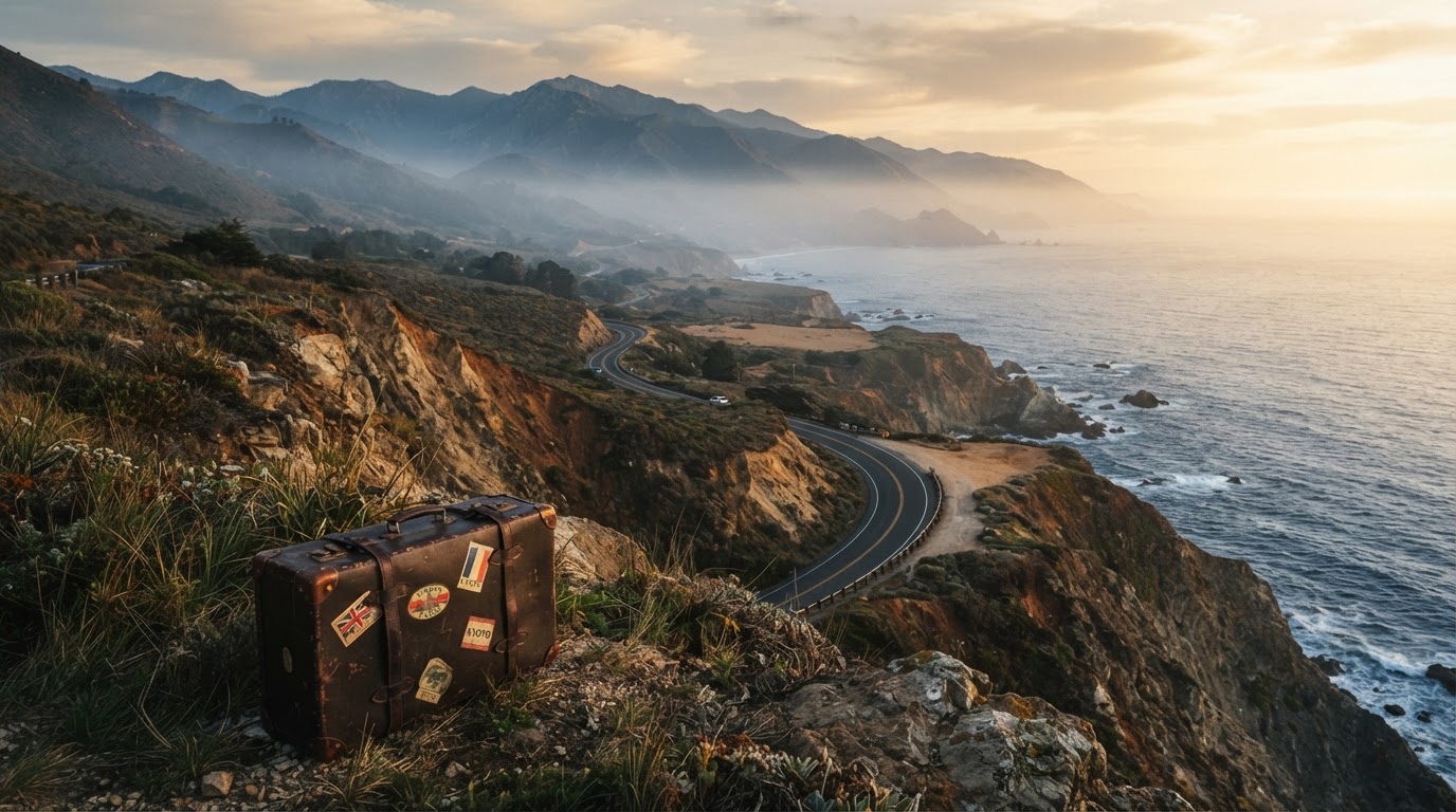 A winding coastal road at golden hour leading toward distant misty mountains