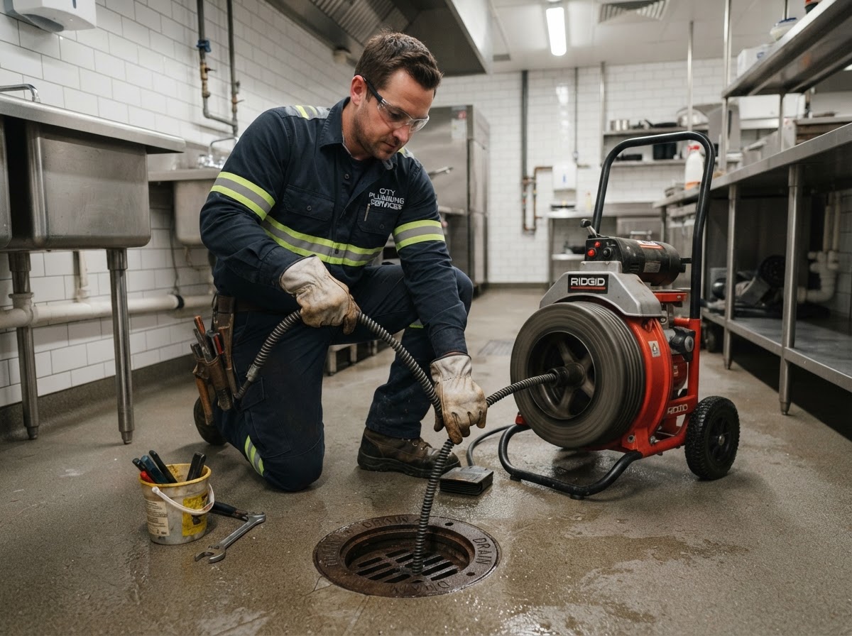 Top Rate Plumbing technician clearing a clogged sewer and drain line with professional drain cleaning equipment in South Florida