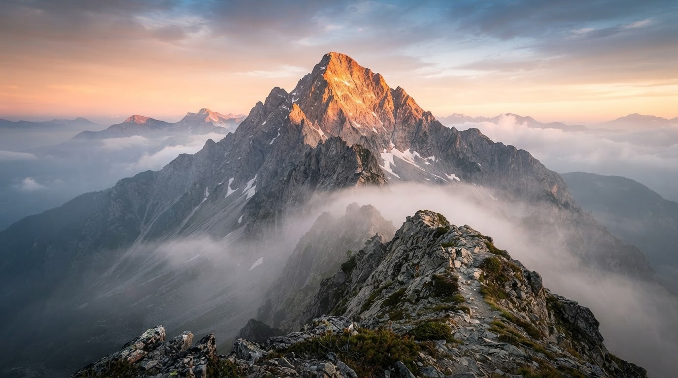 Rugged mountain peak at sunrise