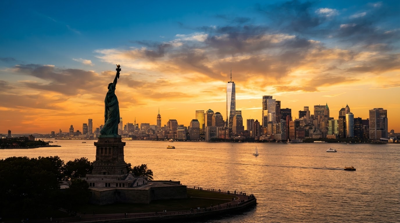 Skyline de Nova York ao pôr do sol com a Estátua da Liberdade