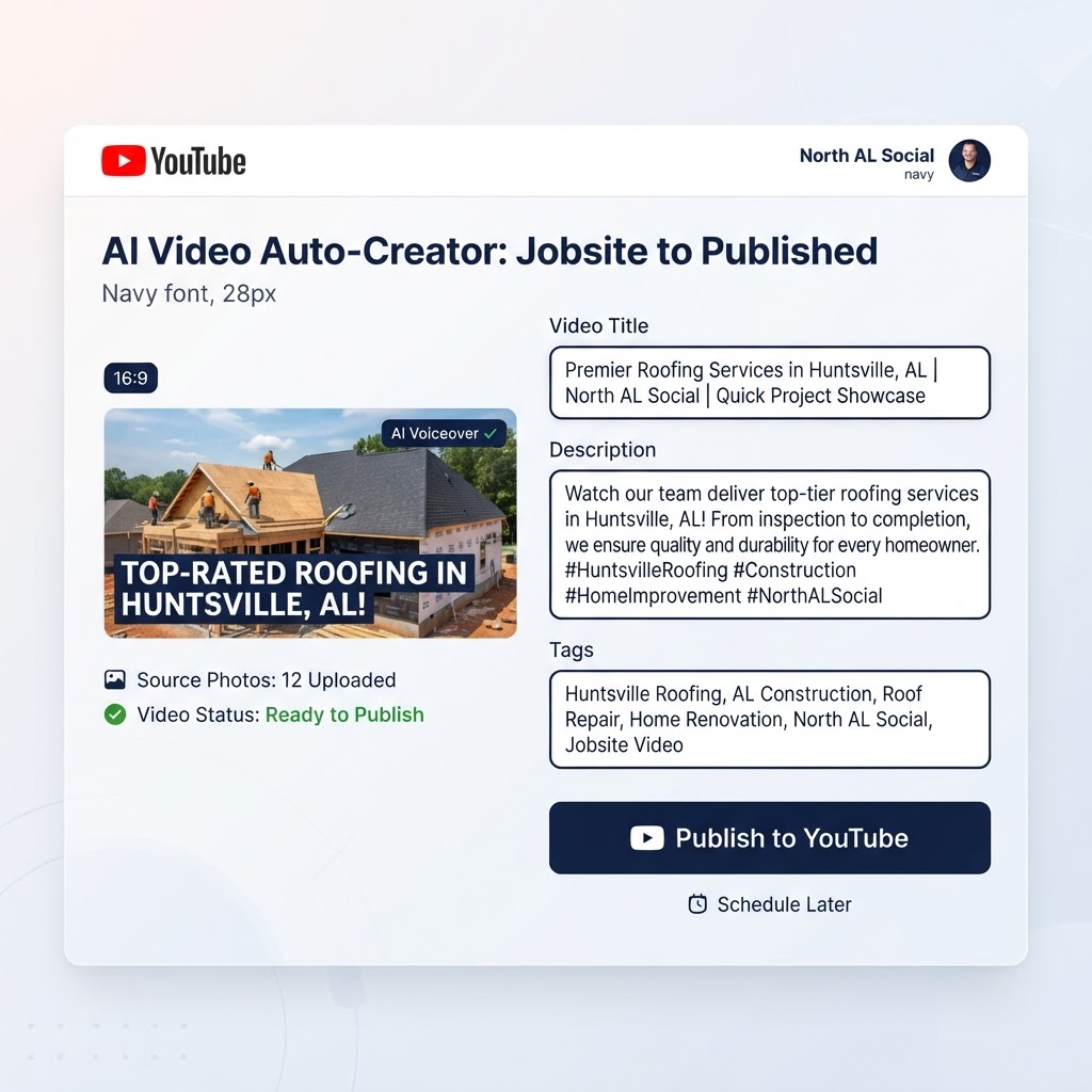 AI auto-creator engine generating publish-ready SEO optimized YouTube videos for contractor jobs