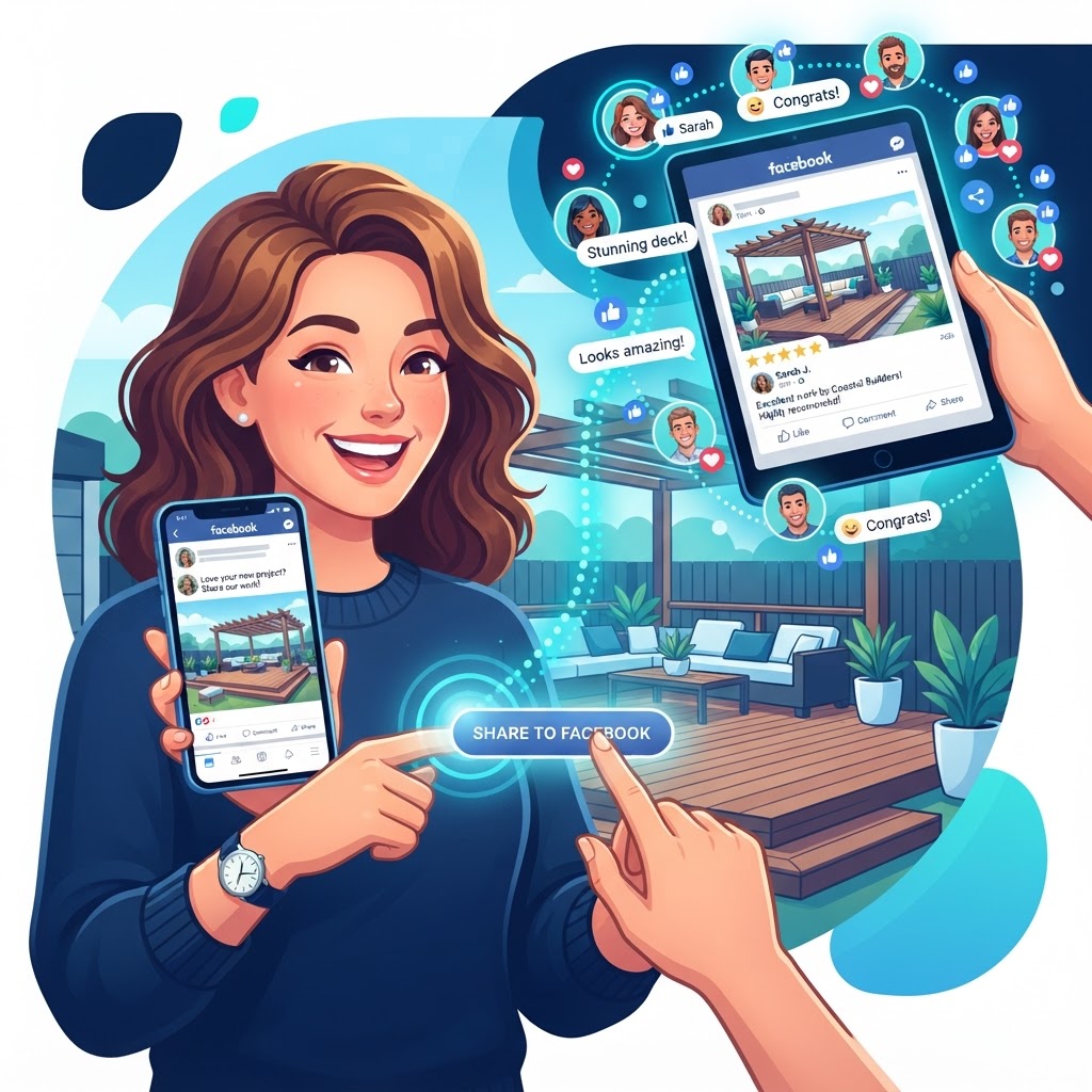 Customer sharing completed job post on Facebook to their friends and neighbors