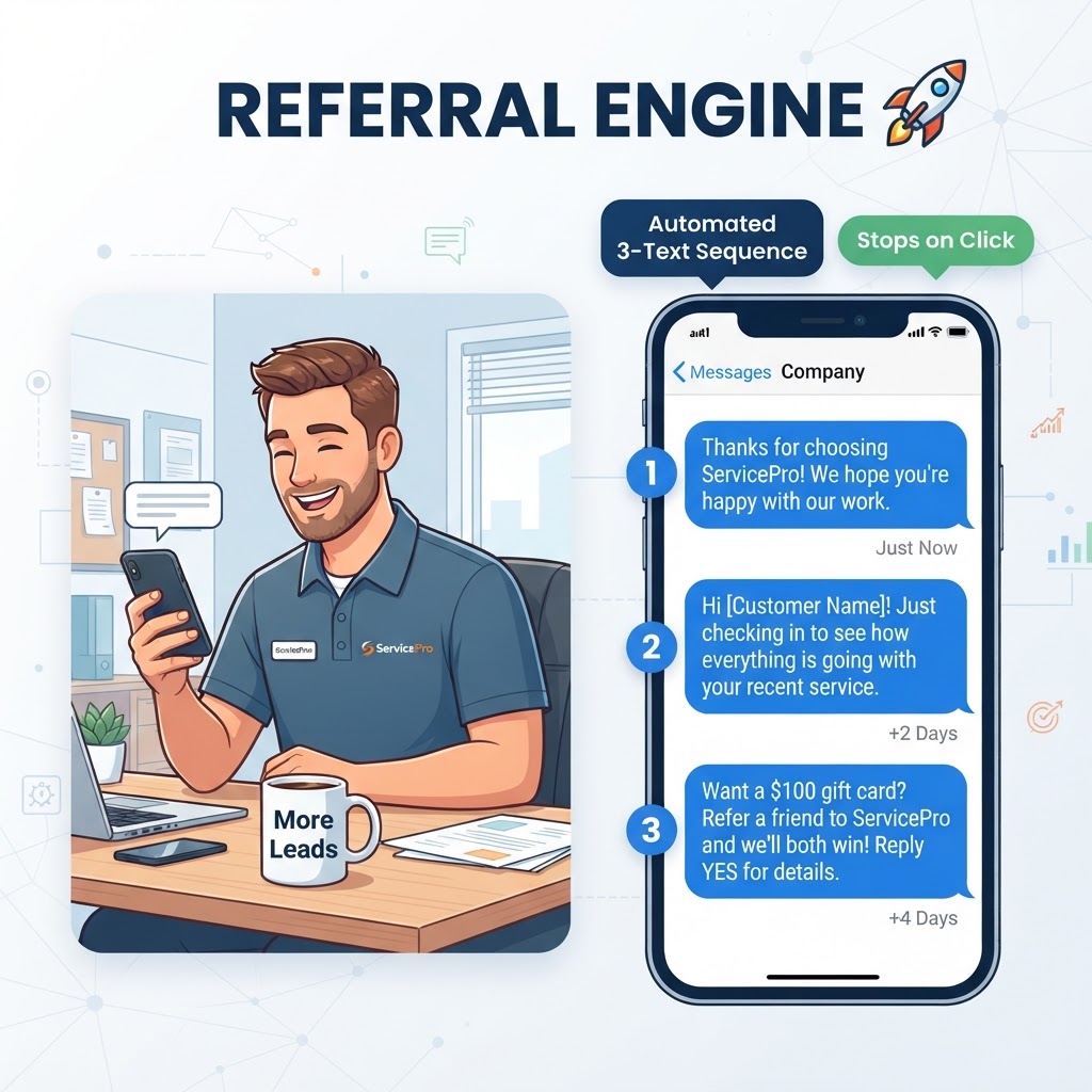 Automated 3-text referral sequence turning satisfied customers into referrals