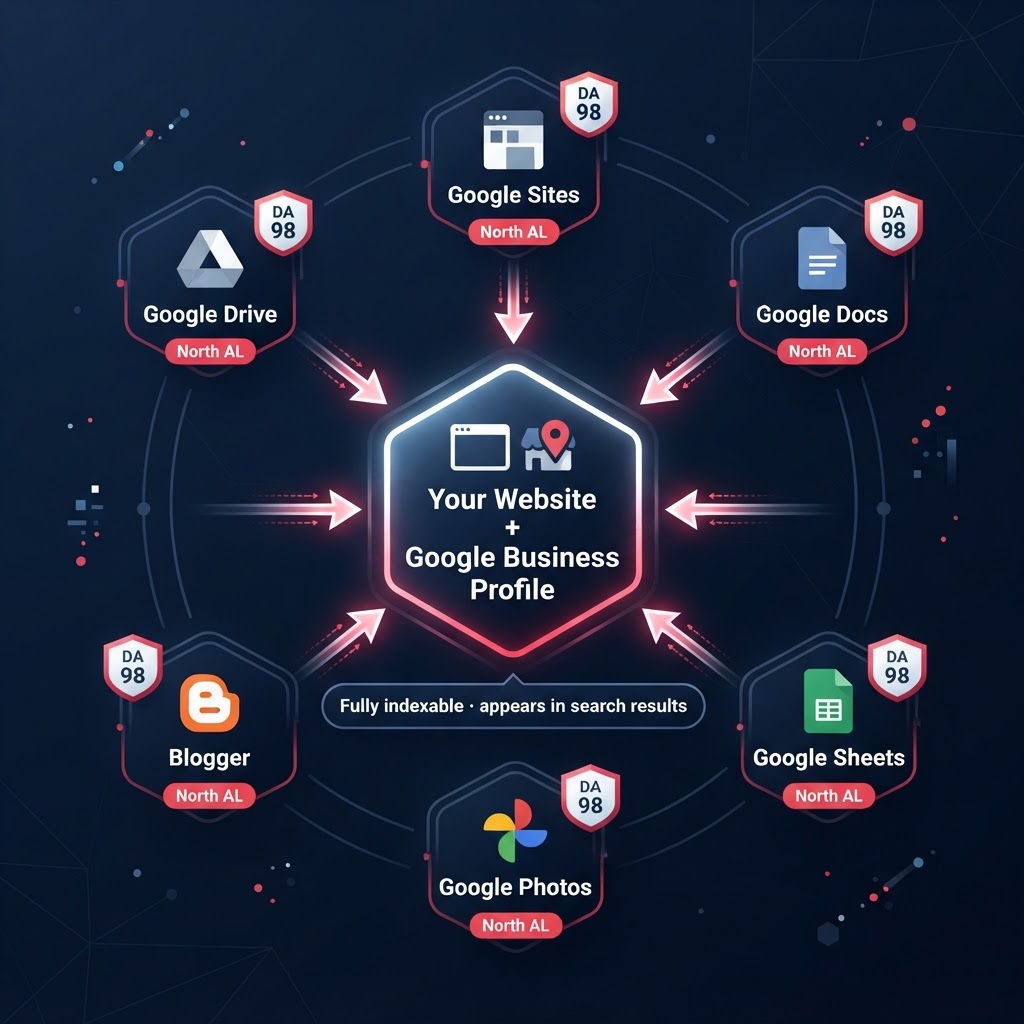 Entity stacking network connecting Google Drive properties directly to Google Business Profile