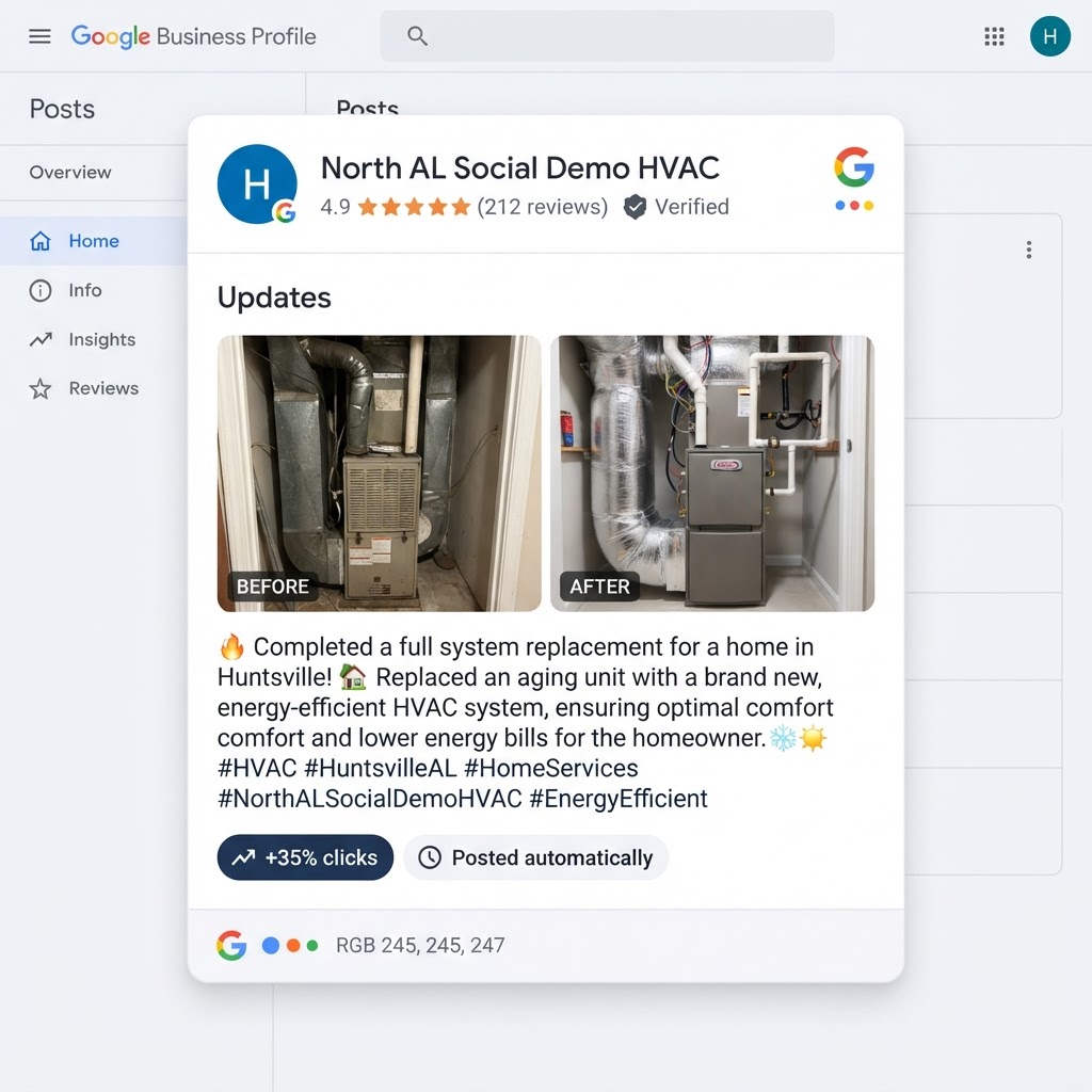 Automated Google Business Profile posting with before-and-after photos and click metrics