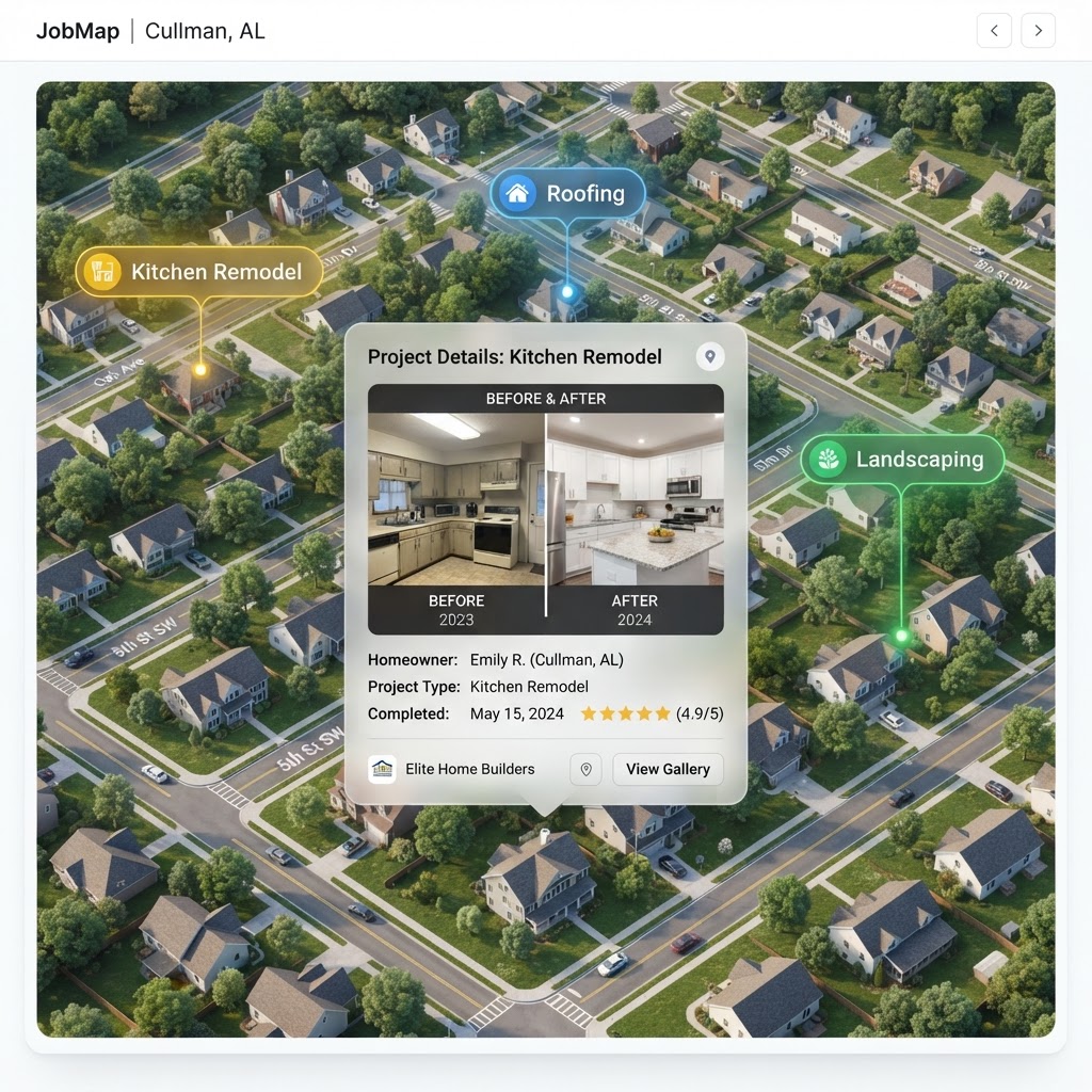 Interactive service page map showing pins with contractor before-and-after photos and reviews