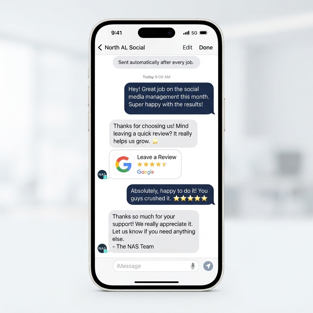 Automated text review request sequence turning happy customers into 5-star Google reviews