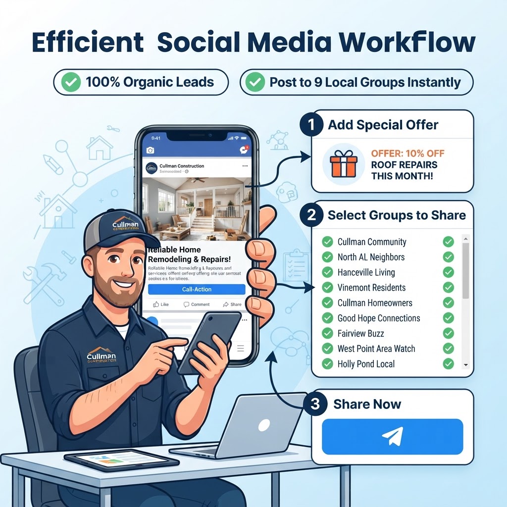 Automatic Facebook group sharing workflow across 9 local community groups with special offer