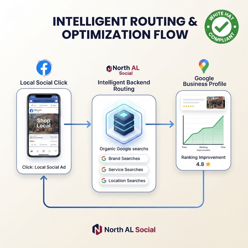 Intelligent backend routing system turning local social clicks into organic Google search signals