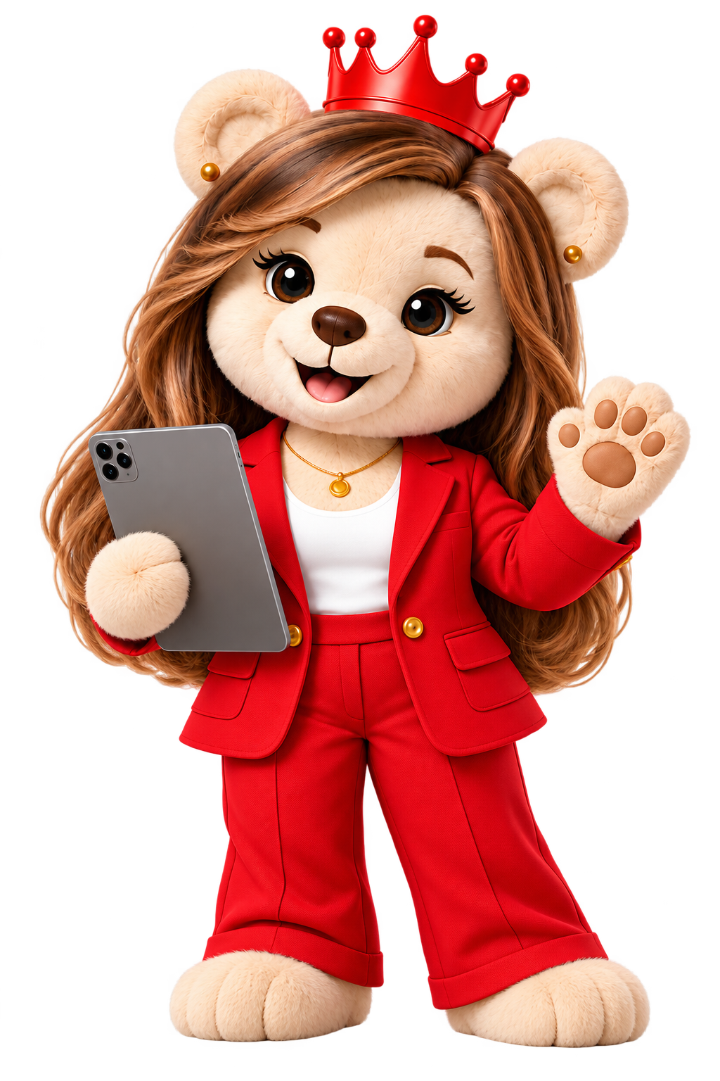 Elizabeth AI crowned teddy-bear mascot wearing red suit, holding tablet and waving
