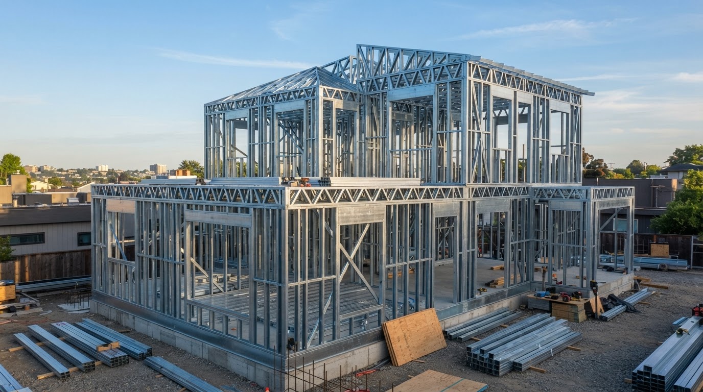 Light steel framed building structure under construction on site