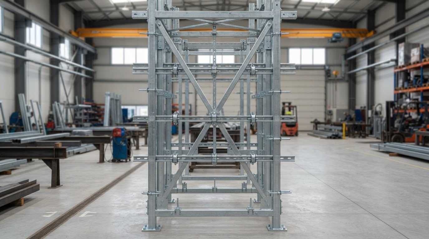 Galvanized steel structural support frame for a prefabricated vertical service shaft