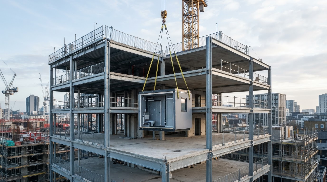 Prefabricated bathroom pod being crane-lifted into a residential building frame on site