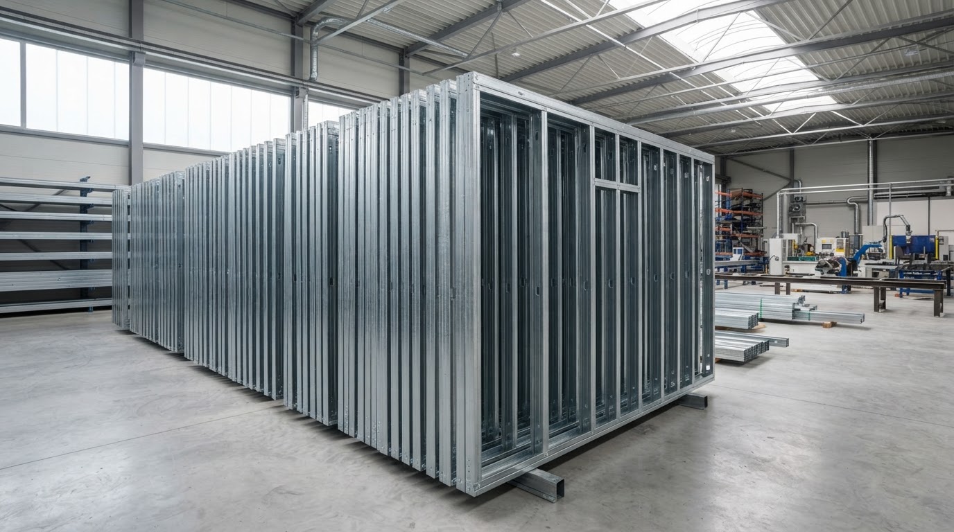 Panelized light steel wall framing cassettes stacked neatly in a controlled factory environment