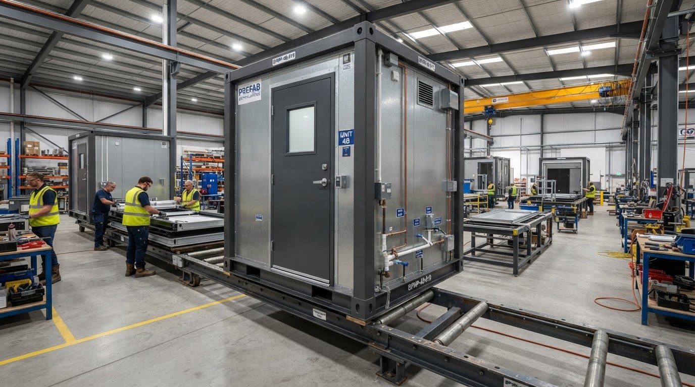 Exterior of a prefabricated bathroom pod module on a factory production line