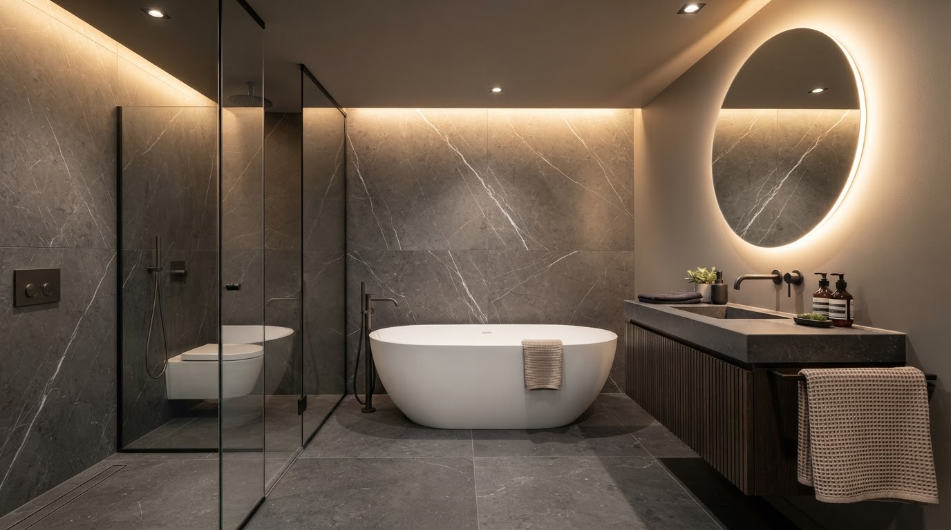 Finished prefabricated bathroom pod with freestanding bathtub and stone wall finishes