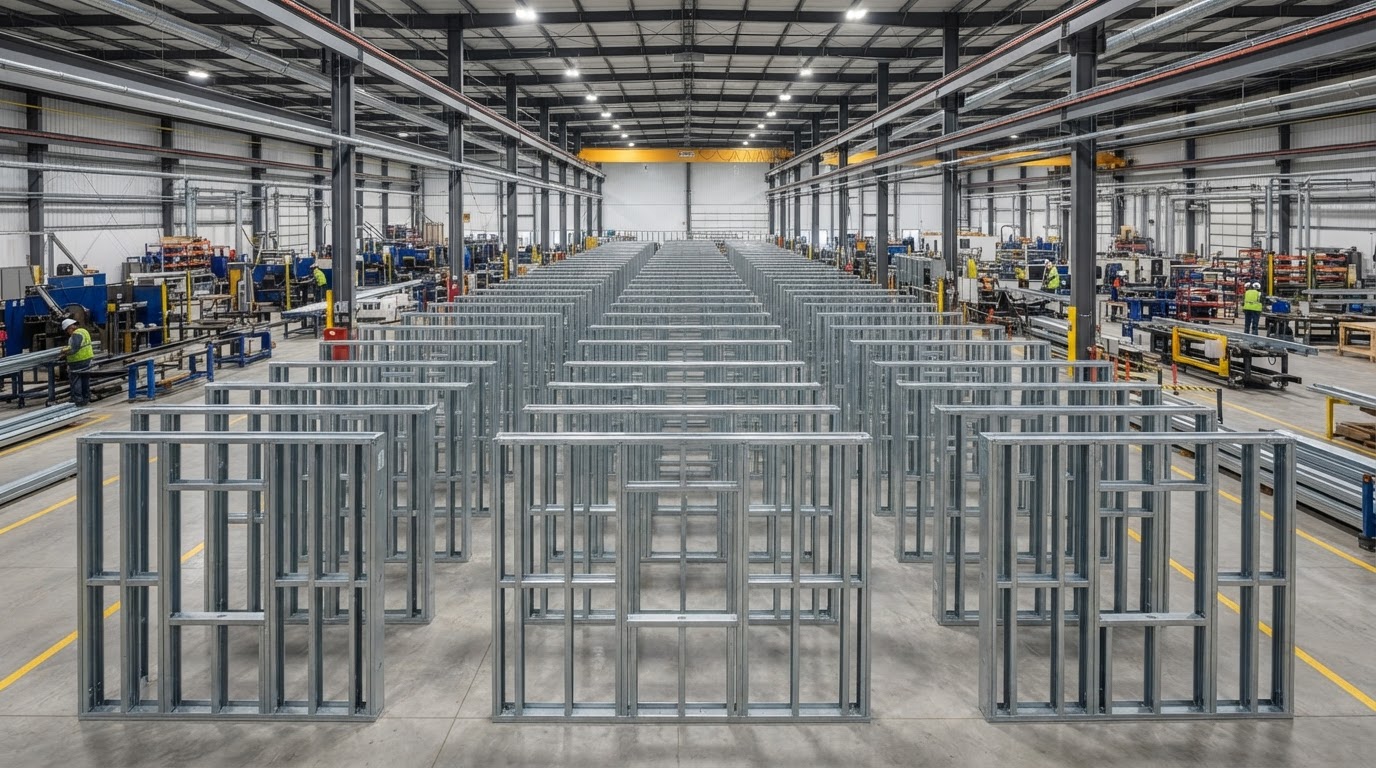 Multiple panelized light steel wall framing cassettes arranged in a precise repeating modular grid