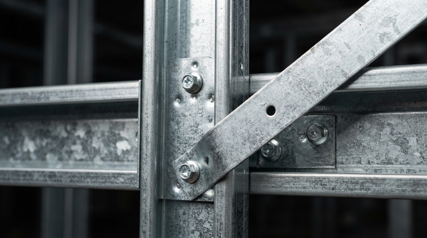 Macro detail of galvanized steel stud joined to track with screw fasteners and bracing strap