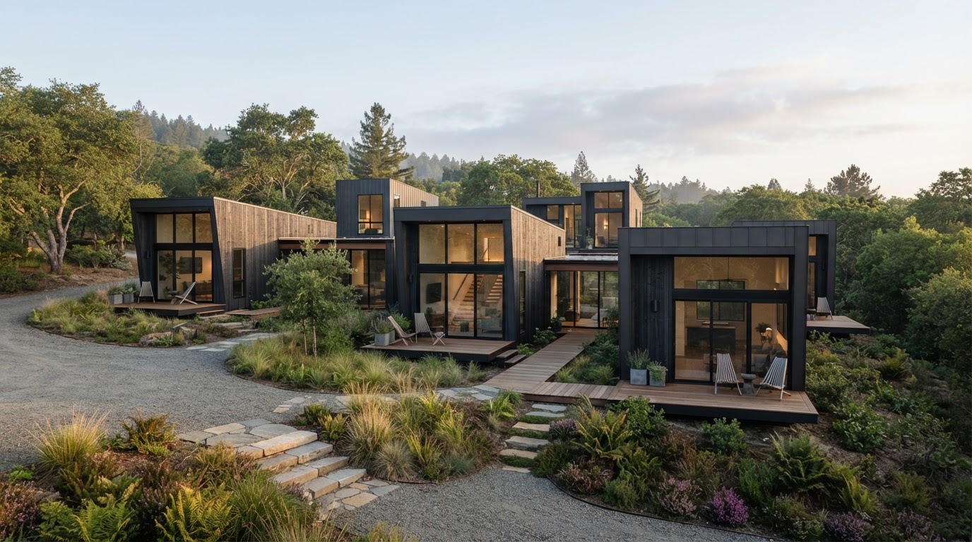 Cluster of contemporary modular residential units arranged as a small development