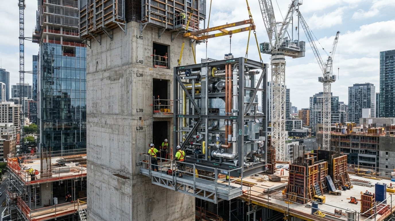 Multi-storey prefabricated MEP riser shaft module being installed into a concrete tower core
