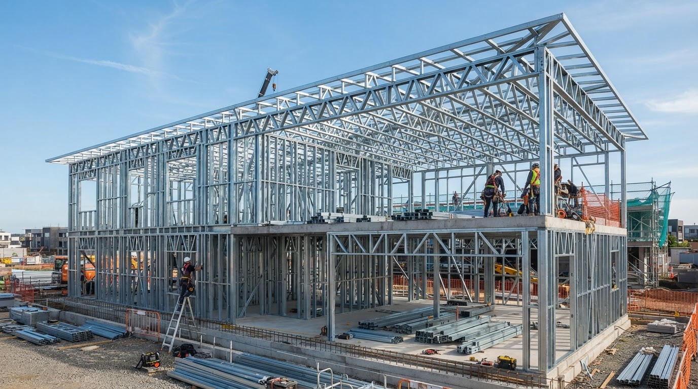 Exposed galvanized steel wall panels and roof framing of a light steel building on site