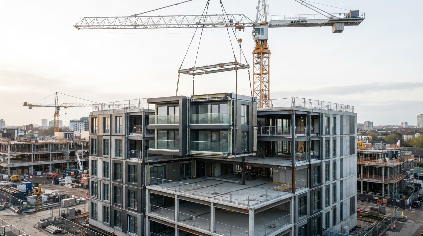 Volumetric modular unit being crane-lifted onto a building structure on site
