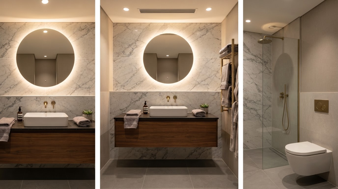 Wall-mounted vanity, basin and backlit mirror inside a finished prefabricated bathroom pod