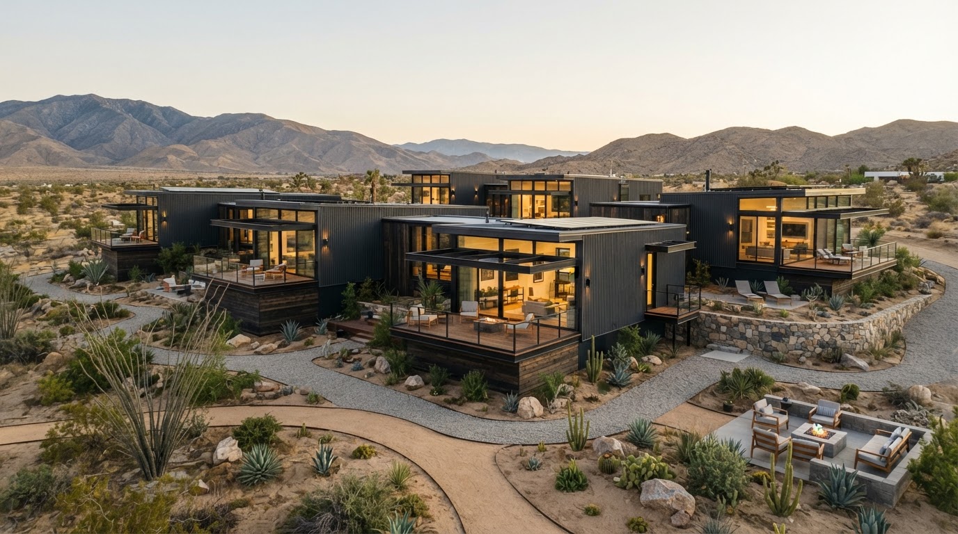 Cluster of contemporary modular residential units in a modern desert development