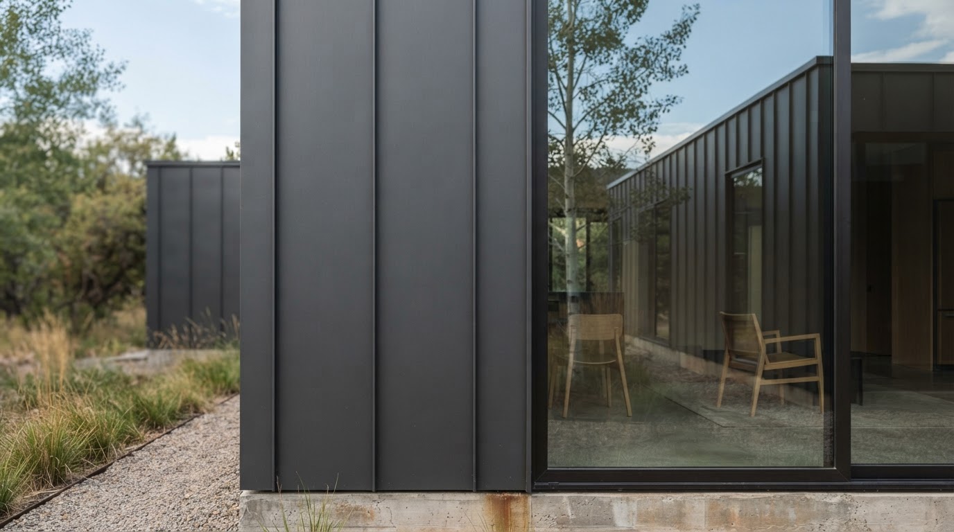 Modular house facade detail with precise metal cladding seams and glazing reflection