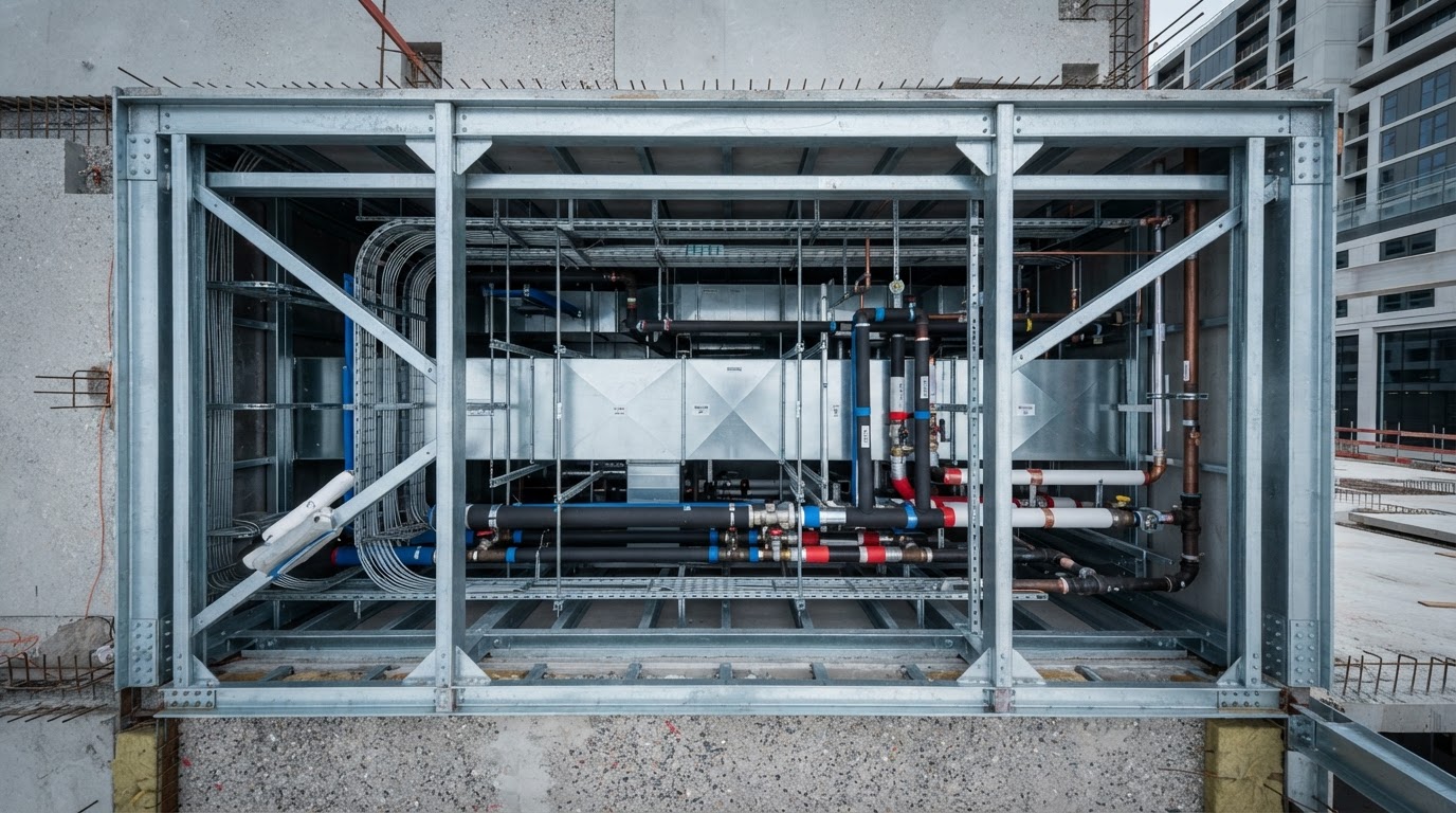 Horizontal cross-section view of a prefabricated building services shaft with organized pipes and ducts