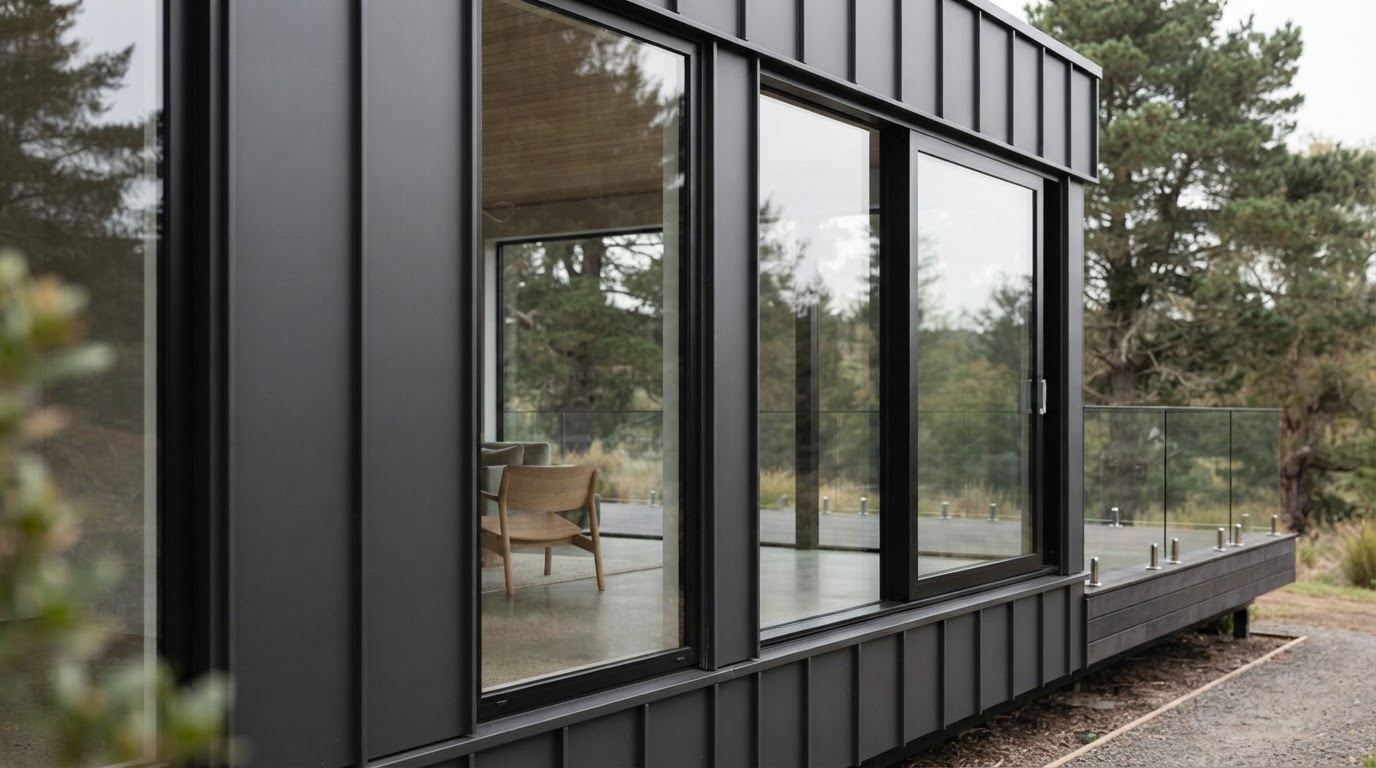 Modular house facade detail with dark architectural metal cladding and floor-to-ceiling glazing