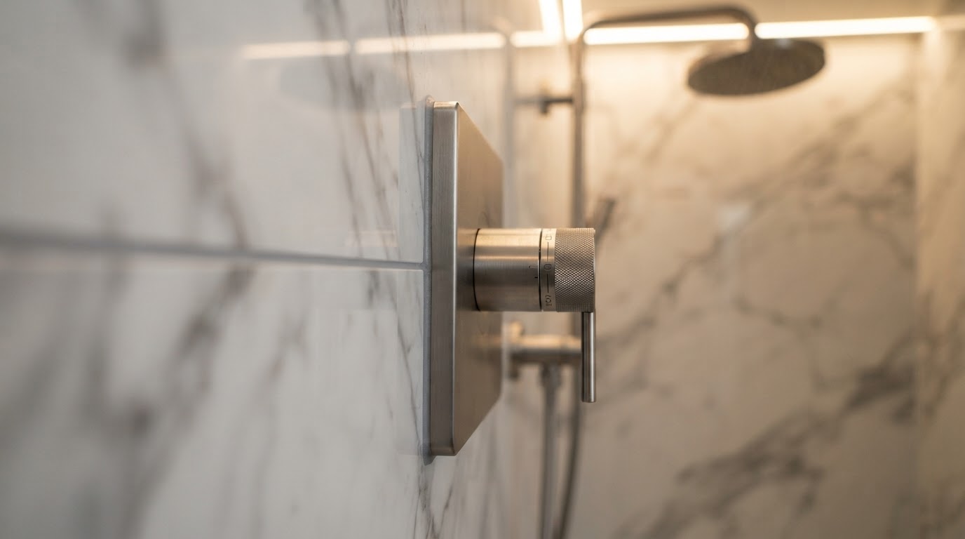 Macro detail of brushed-metal shower fixture and marble-effect wall joint inside a bathroom pod
