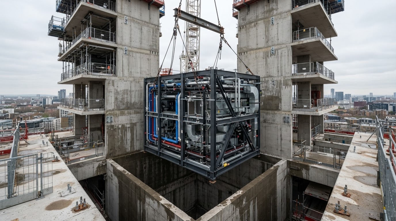 Multi-storey prefabricated MEP riser shaft module installed in a tower