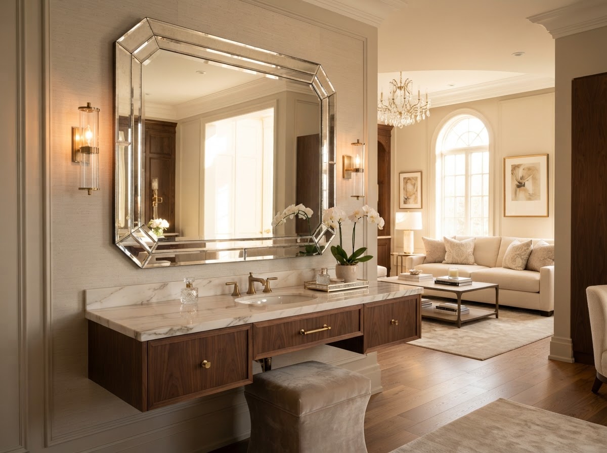 Large custom beveled wall mirror installed securely in residential home