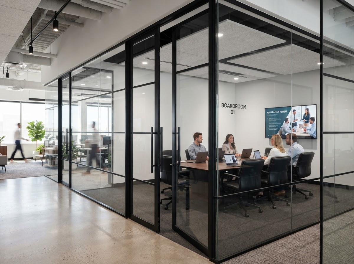 Interior modern office glass wall partitions and conference room glass