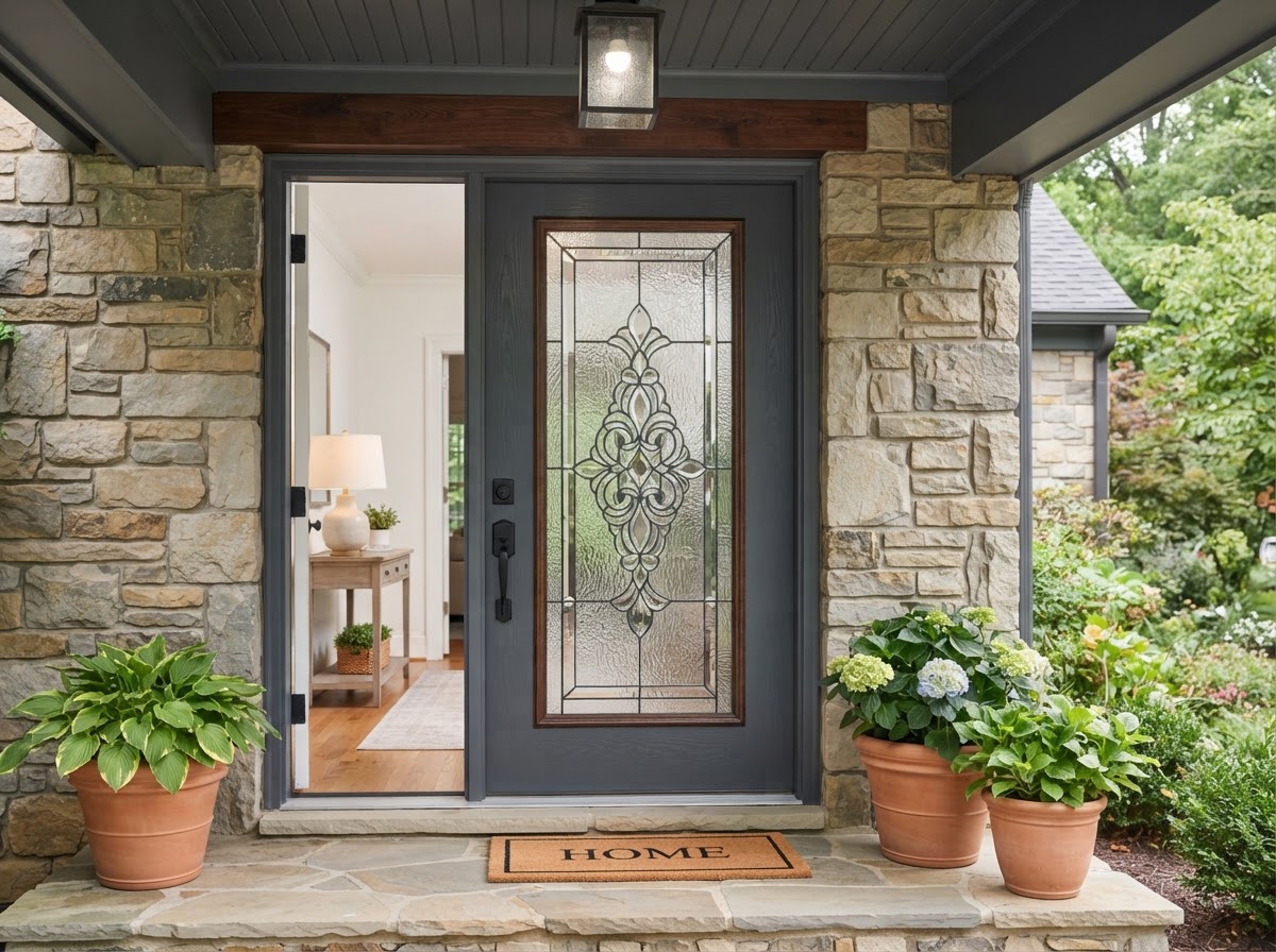 Front entry door glass insert replacement with decorative tempered glass