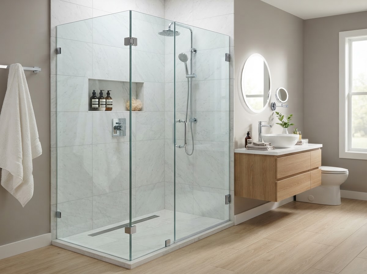 Newly installed frameless glass shower enclosure with chrome hardware in a modern bathroom