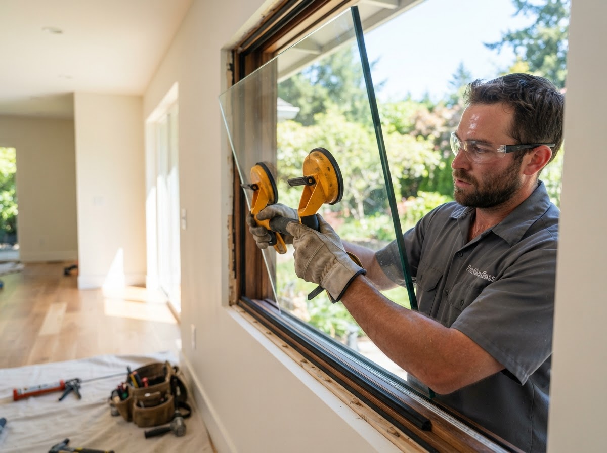 Glass repair technician installing a new clear window pane with a suction cup lifter