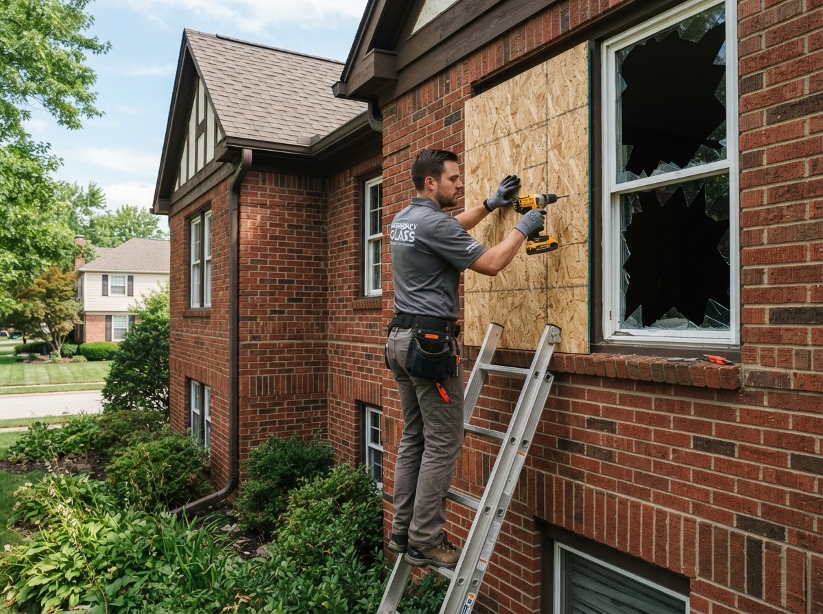 Glass repair technician securing plywood over a broken window as emergency board-up service