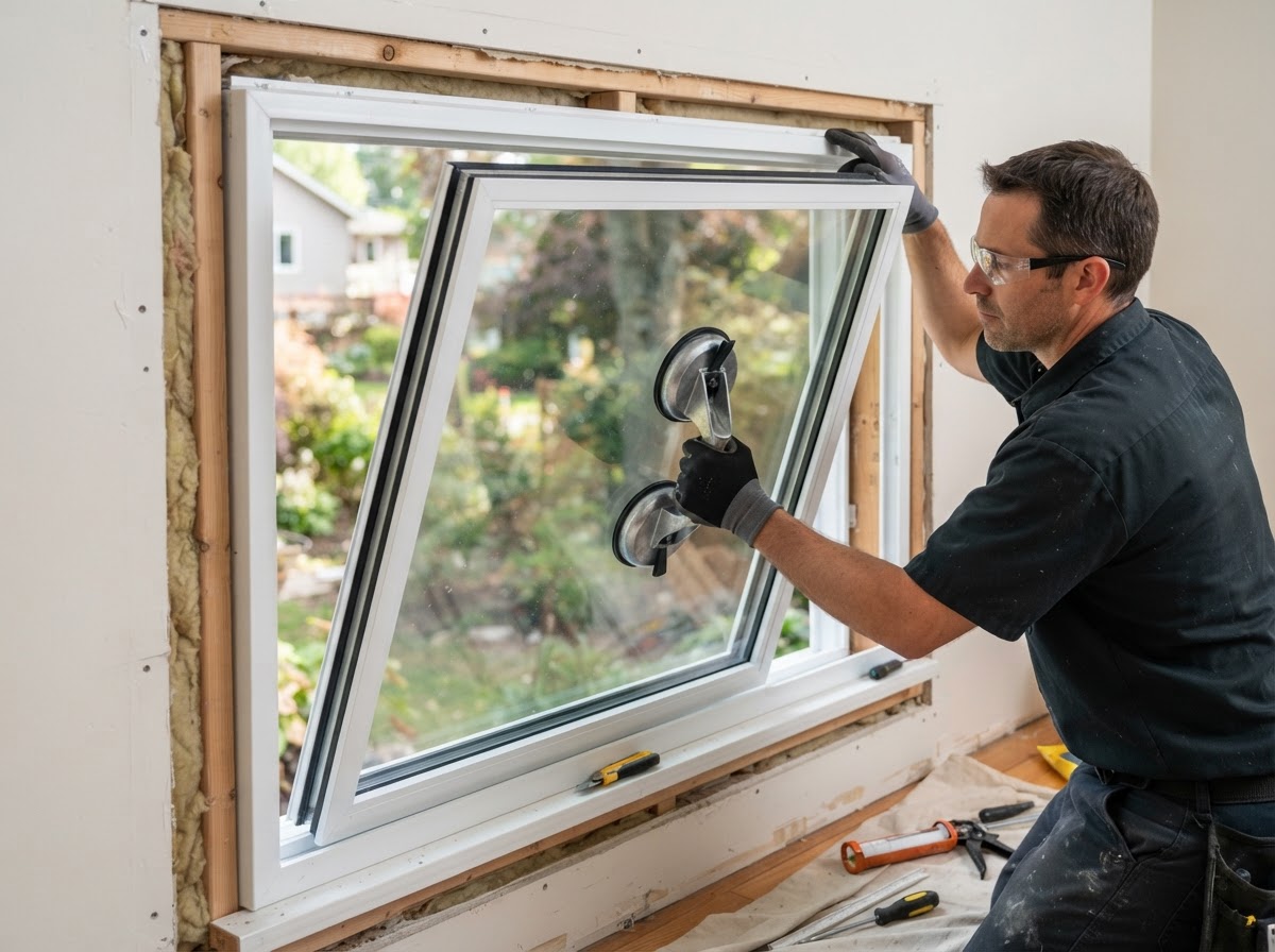 Insulated double-pane window glass replacement in white vinyl frame