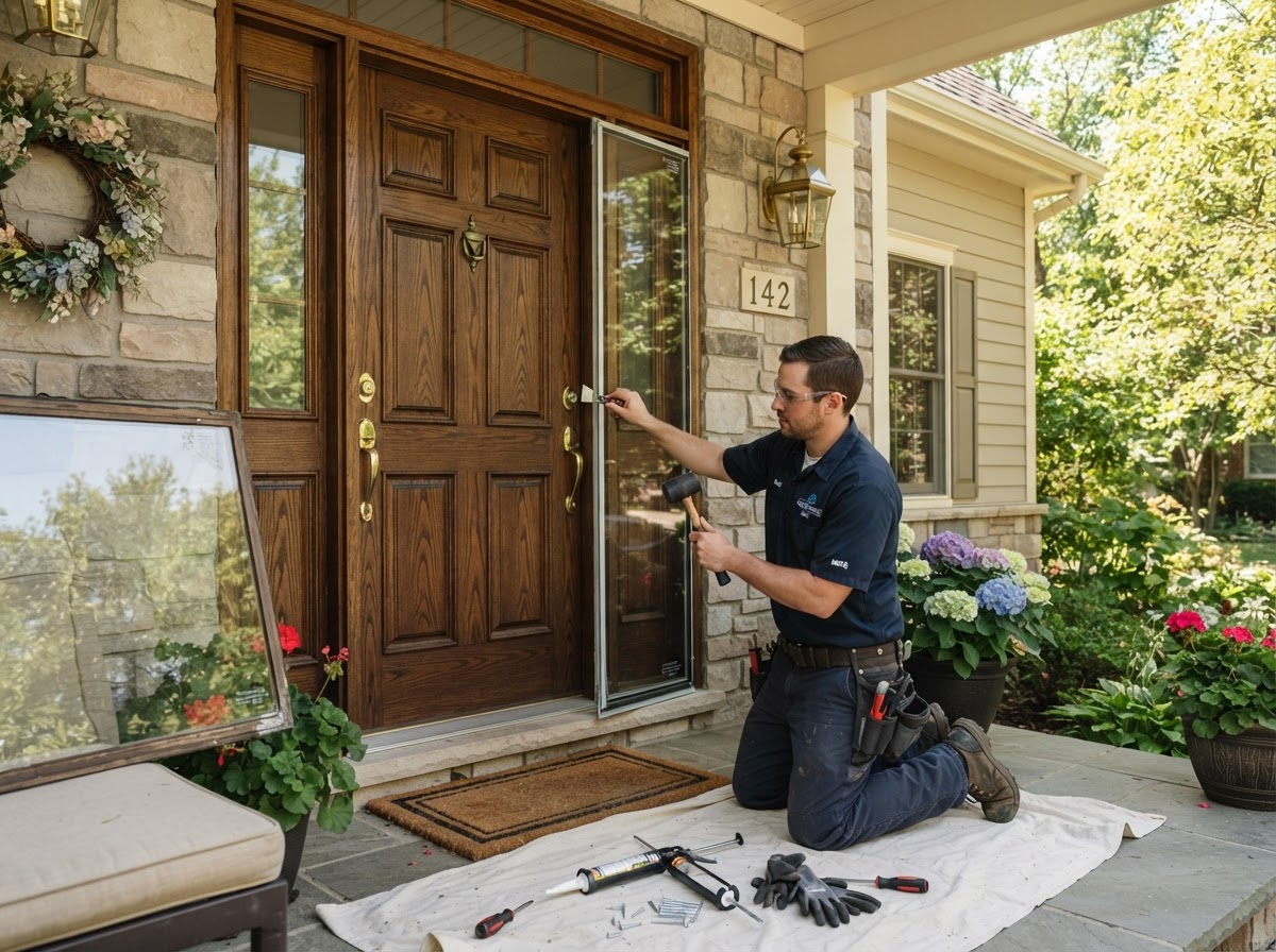 Technician replacing the glass panel in a residential front entry door