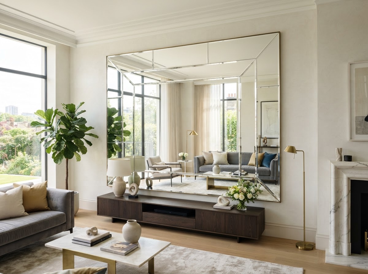 Large custom wall mirror with beveled edges installed in a modern living room