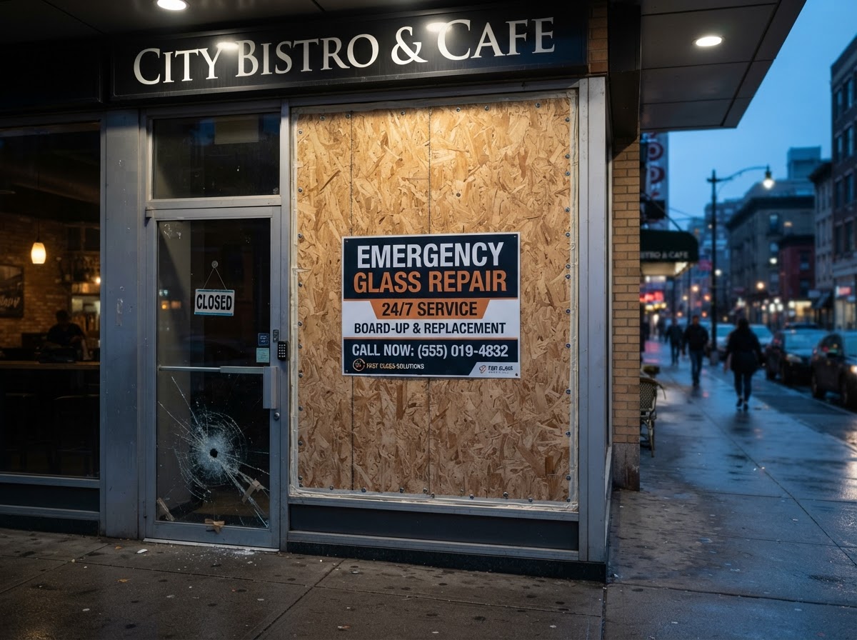 Clean weather-tight emergency board-up securing a broken glass storefront